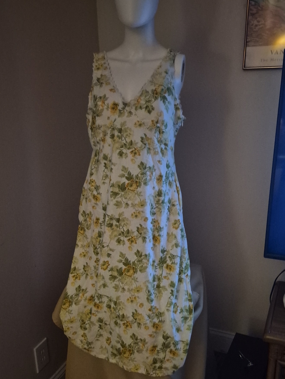 Laura Ashley White Floral V-Neck Midi Dress with Yellow & Green Bouquet